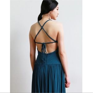 BCBG BRAIDED RUCHED GRECIAN TEAL CROSS BACK GOWN